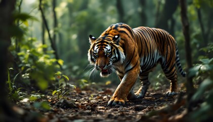Majestic Bengal Tiger Walking in Lush Forest