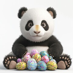 Featuring a panda cub and colorful Easter eggs, this 3D render in cartoon style uses a white background for a playful scene.