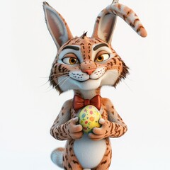 A lovable lynx wearing bunny ears and a bow tie holds an Easter egg, captured in this cartoon-style 3D render against a white background.