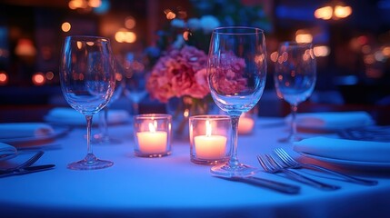 Romantic restaurant dinner table setting, candles, flowers, bokeh background