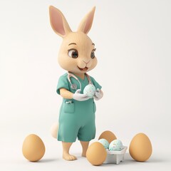 This 3D cartoon-style depiction captures a nurse Easter bunny in scrubs attending to sickly eggs in a hospital ward against a white backdrop.