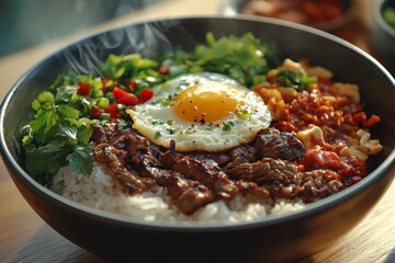 Steaming beef bibimbap, sunny-side egg, restaurant