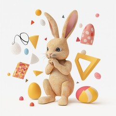 This cartoon-style 3D depiction captures a philosophical Easter bunny in a thinking pose against a white background surrounded by abstract shapes.