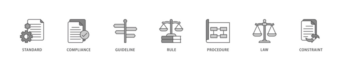 Regulation icon set flow process which consists of standard, compliance, guideline, rule, procedure, law and constraint icon live stroke and easy to edit .