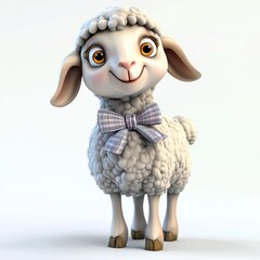 A lamb adorned with a playful bow around its neck engages the viewer in this 3D cartoon-style depiction, set against a white backdrop.