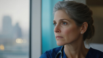 Obraz premium concerned nurse with gray strands in her bun gazes thoughtfully out window, reflecting on her responsibilities in healthcare setting