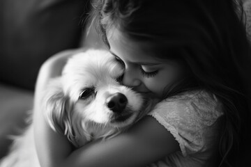 Young girl embraces her pet indoors