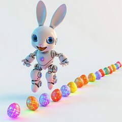 Robotic Easter bunny joyfully hopping beside glowing colorful eggs, cartoon style, set against a pure white background.