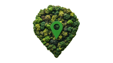 Green location icon on top of trees in a map pointer shape over transparent background