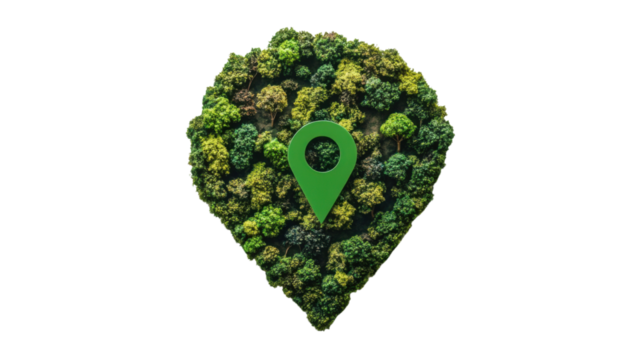 Green location icon on top of trees in a map pointer shape over transparent background - Powered by Adobe