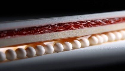 Naklejka premium Close-up of a layered food item showcasing a vibrant jelly and creamy texture, ideal for culinary exploration.