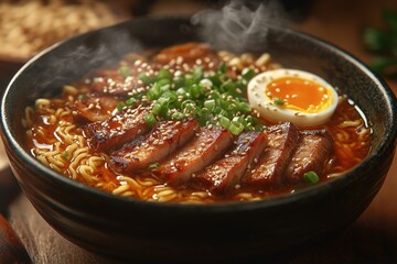 Steaming ramen bowl with pork, egg, and spring onions