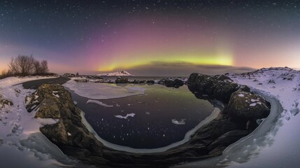 Northern Lights Aurora Borealis over frozen coastal landscape at night