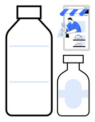 Large and small bottles, man with shopping bag on smartphone screen, storefront. Ideal for e-commerce, online shopping, bottle packaging, product selection, mobile commerce, retail apps consumer