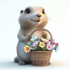 Charming marmot holding a basket of soft-colored flowers, facing the viewer, cartoon style on white.