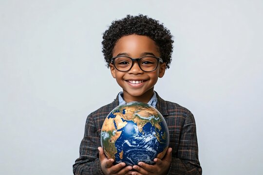 A cheerful African American boy with glasses holds a colorful globe, symbolizing curiosity and hope. Ideal for educational materials, Earth Day, and peace initiatives. - Powered by Adobe