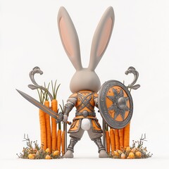 Easter bunny warrior at a carrot gate, armed with a sword and shield, against a fantasy world backdrop in white.
