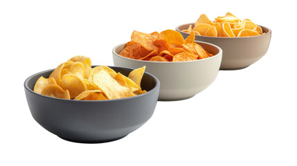Potato chips, sweet potato chips and cassava chips overflowing three bowls on transparent background