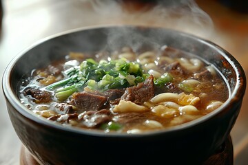 Steaming beef noodle soup, restaurant setting