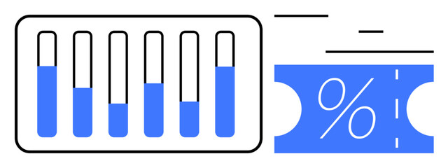 Test tubes partially filled with blue liquid alongside a blue discount voucher with percentage sign. Ideal for science, research findings, discounts, retail sales, analytics, experiments, cost