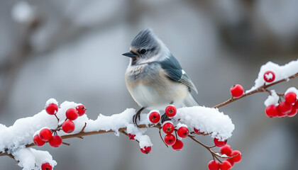 Winter scene, snowy branch, red berries, small gray bird, blue jay, detailed feathers, frosty atmosphere, bokeh background, wildlife photography, close-up, nature, cold weather, white snow, vibrant re