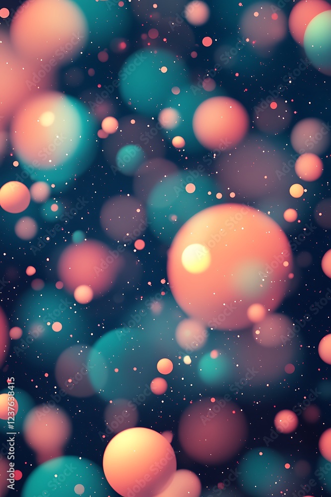 Poster geometric abstract background with floating cyan, orange, and violet circles in a modern and colorfu