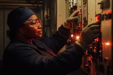 Focused technician checking server lights in dark room