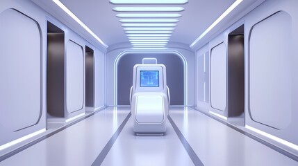 Obraz premium Futuristic hallway with sleek design and advanced technology, featuring a central control chair.