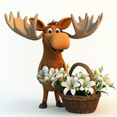 Captured in a cartoon-style 3D render, a cheerful moose with a basket of Easter lilies looks directly at the viewer from a white background.