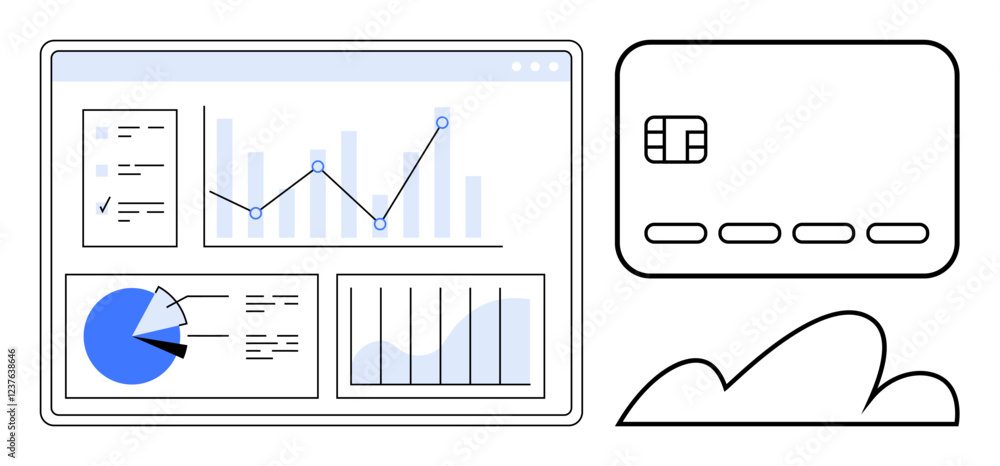 Poster digital dashboard displaying data analytics and graphs alongside a credit card and cloud symbol. ide
