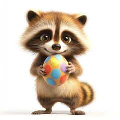 Gazing out from a white background, a raccoon holds a colorfully painted Easter egg in this cartoon-style 3D render.