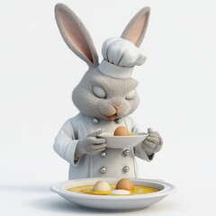 In this cartoon-style 3D render, a culinary Easter bunny chef tastes a soup made with egg ingredients, set against a professional kitchen white background.