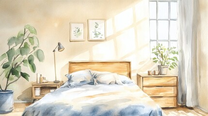 Serene Sunlit Bedroom Watercolor Painting Peaceful Morning Atmosphere