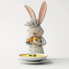 In this cartoon-style 3D render, a culinary Easter bunny chef tastes egg-based soup, set against a professional kitchen white background.