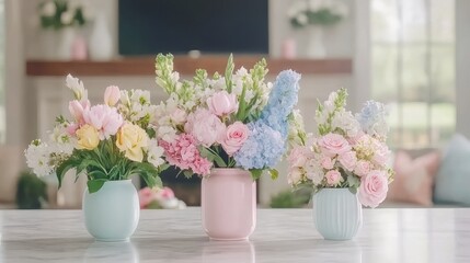 Pastel Spring Flowers in Decorative Vases