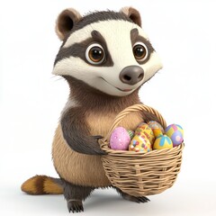 This cartoon-style 3D render features a badger holding a basket of Easter goodies, looking out from a white backdrop.