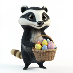 Another charming depiction in 3D cartoon style shows a badger with a basket of Easter treats against a white background.