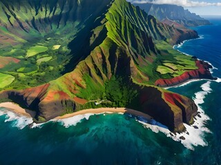 Aerial view of Hawaii’s dramatic Na Pali coastline, with lush green cliffs plunging into the...