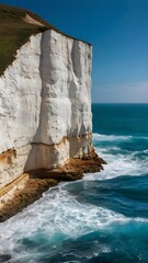 The famous chalk cliffs standing tall against a vibrant blue ocean with waves crashing below.
