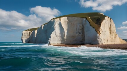 The famous chalk cliffs standing tall against a vibrant blue ocean with waves crashing below.
