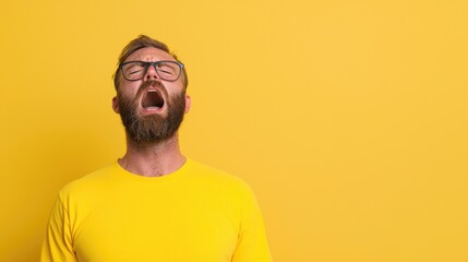 Man yawning, yellow background, studio shot, website banner