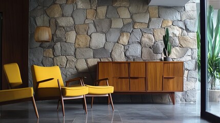 Mid-Century Modern Living Room With Yellow Chairs, Wooden Cabinet, And Stone Wall.  Relaxing, Sophisticated Vibe.