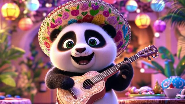 Animated panda playing guitar in festive lantern-lit celebration Happy Cinco de mayo