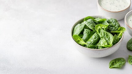 Obraz premium Fresh green baby spinach leaves in a white ceramic bowl on a light grey textured background.