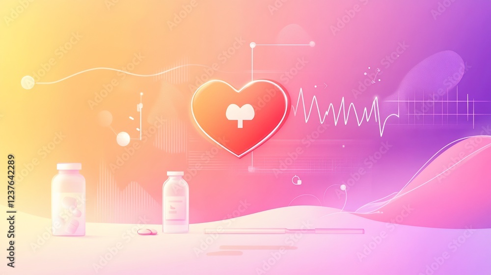 Poster abstract medical background with a heart symbol, pills and health chart lines and data points