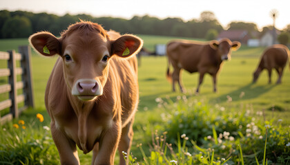 Young Brown Calf on a Farm Pasture