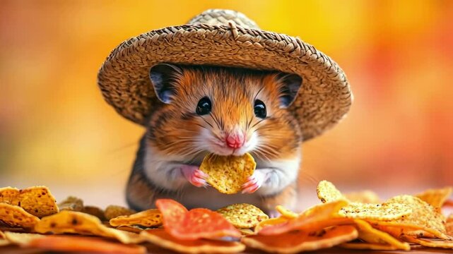Adorable hamster wearing straw hat enjoying chips in autumn colors Happy Cinco de mayo