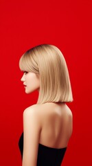 Naklejka premium Stylish hair model posing against a bold red backdrop fashion photography studio environment profile perspective