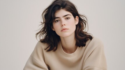 Fototapeta premium Portrait of a young woman studio setting fashion photography neutral tones close-up minimalist style