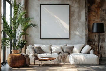 Minimalist living room with blank poster frame on wall, white sofa, coffee table, beige carpet, black floor lamp, and soft lighting for art display mockup.